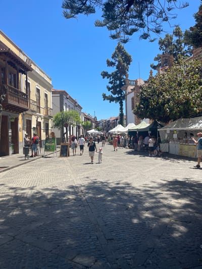 The image depicts a street scene in Teror, Spain, on a sunny day. The street is paved with cobblestones, and lined with traditional buildings featuring balconies and wooden shutters. Several market stalls with white and green awnings are set up along the right side of the street, displaying goods. People are walking along the street, some browsing the market stalls, while others are walking in pairs or with children. The sky is clear blue, and the sun casts shadows of trees and buildings onto the cobblestone pavement. The overall atmosphere appears to be lively and casual, suggesting a local market or festival.