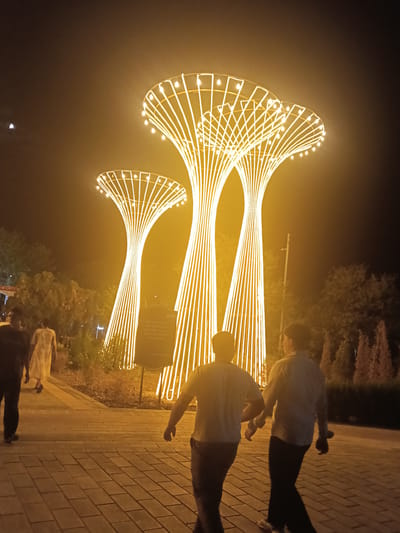 In Kungrad, Uzbekistan, at night, a pedestrian walkway is illuminated by three large, stylized tree-like sculptures adorned with bright yellow lights. The walkway is paved with rectangular stones. In the foreground, two men are walking away from the camera, heading towards the illuminated sculptures. One man wears a light-colored long-sleeved shirt and dark pants, while the other wears a dark t-shirt and dark pants. Further back, a person in a light-colored garment and another person in dark clothing are also walking on the pathway. The background features trees and sparse vegetation, with the dark night sky above, and a faint crescent moon visible. A dark rectangular sign with text is situated near the base of one of the illuminated sculptures.