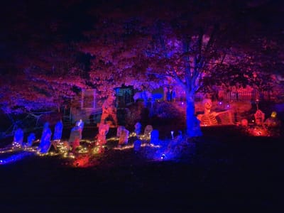 A house is festively decorated for Halloween. Graveyard decorations line the front lawn with a string of lights connecting them. A skeleton emerges from behind a tree, illuminated in red light. The house is adorned with eerie figures and lights, casting a purple and blue glow on the surrounding trees, enhancing the spooky ambiance.