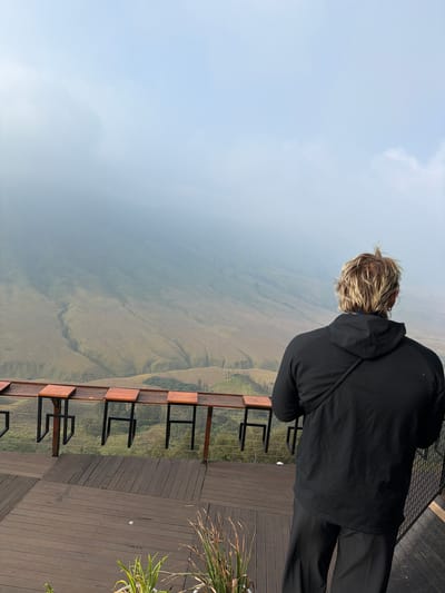 The image depicts a person viewed from behind, standing on a wooden deck. The person is wearing a black hooded jacket and black pants, with blonde hair styled in a messy, upward fashion. They are looking out at a landscape partially obscured by fog. The deck features a row of high tables with wooden tops and black metal frames, resembling bar seating. Beyond the deck, a vast valley with green and brown hues stretches into the distance, with eroded channels visible on the slopes. The sky above is a pale blue, with scattered clouds and fog. The scene appears to be from a scenic overlook, likely in a mountainous or hilly region. The mention of Ngadas, Indonesia, suggests this location might be a popular viewpoint in that area.