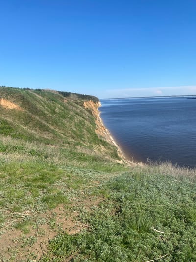 The image shows a landscape, possibly near the city of Шуран, Russia, featuring a body of water with a dark surface under a clear, bright blue sky. The camera appears to be positioned on a cliff or elevated terrain, as evidenced by the steep drop-off. The land slopes downward towards the water and is covered with green vegetation, including grass and some shrubs. Bare patches of soil are also visible. The water appears to meet a sandy or light-colored shoreline. Further back, there are possibly a few trees or a forest line. The perspective is slightly tilted. There are no visible people, interactions, or specific actions occurring.