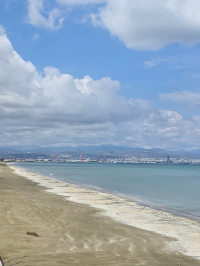 The image presents a wide coastal landscape view, featuring the city of Limassol, Republic of Cyprus, in the distance, observed from a sandy beach within or immediately adjacent to the Akrotiri Sovereign Base Area.
In the foreground, a vast expanse of light brown and off-white sand beach stretches diagonally from the lower left to the middle right. The sand exhibits subtle ripples and variations in color, with darker, damp lines delineating the tidal zone. A small, dark brown clump of organic debris is visible on the sand in the lower-left quadrant. No individuals are present on the beach.
The midground features the calm, light turquoise-blue waters of the Mediterranean Sea, reflecting the sky. Minimal wave activity is apparent, with a single small white wave crest discernible near the shoreline.
The background is dominated by the sprawling cityscape of Limassol. Numerous white and light-colored buildings form a dense urban area along the coast. Several large, distinctive red gantry cranes, indicative of a commercial port, are prominent structures in the central background. To the far right, a tall, dark-colored modern skyscraper stands out against the urban low-rise buildings. Beyond the city, a range of hazy, blue-grey mountains extends across the entire horizon.
The sky occupies the upper portion of the frame, displaying a mixture of clear light blue patches and scattered cumulus clouds. These clouds vary in density and color, from bright white to shades of light grey. No aircraft or other atmospheric phenomena are visible.