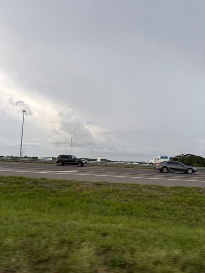 In an exterior, medium shot captured from a moving vehicle on an overcast day, two lanes of a highway are visible with a grassy median and shoulder. On the left side of the highway, a dark-colored SUV is traveling in the right lane. In the distance, a large white trailer truck is parked on the shoulder with a blue trailer. On the right side of the highway, a gray sedan is driving in the left lane. In the far distance, several trees and buildings are visible behind a guardrail. The sky is filled with gray clouds, and two small birds can be seen flying in the upper left quadrant of the image. The scene appears to be located in an urban or suburban area, possibly near an industrial zone, as indicated by the presence of the truck and trailer. The location is the city of Bradenton, United States.