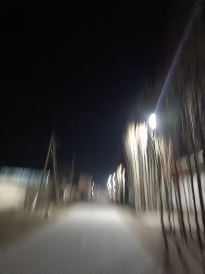 A blurred nighttime street scene is captured with significant motion blur. Street lights illuminate a narrow road flanked by indistinct buildings or structures. Bare trees or poles line the right side of the street, their forms elongated by the camera's movement. The dark sky above contrasts with the illuminated road, creating a sense of depth. The overall image suggests a hurried or unsteady perspective.