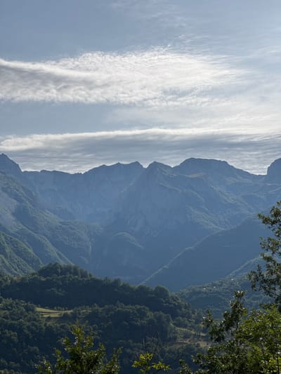 This image depicts a vast mountain landscape, characterized by layers of rugged peaks fading into the distance under a partially cloudy sky. The foreground is dominated by dense, verdant forests that cover the lower slopes of the mountains. A small, cleared patch of land, possibly a meadow or field, is visible on one of the lower hills. The sky features wispy, elongated clouds streaking across a pale blue expanse. The overall impression is one of natural grandeur and rugged terrain, typical of mountainous regions. The location is identified as Redice, Montenegro, a region known for its dramatic mountain scenery.