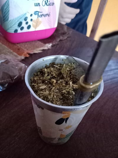 An eye-level shot captures a cup filled with yerba mate on a dark wooden surface, likely a table, in what appears to be an indoor setting in General Pacheco, Argentina. The cup, a light-colored vessel with subtle designs (including what looks like a partial cartoon figure or pattern on its lower half), holds a generous amount of green, leafy yerba mate. A metal bombilla (drinking straw) with a decorative gold ring is inserted into the mate, its filter end submerged among the leaves, some of which appear slightly moist, suggesting active preparation or consumption of tereré.
In the blurred background, a pink and white container is visible. On its side, the text "un Rico Tereré" (a delicious Tereré) confirms the beverage being consumed is cold mate, or tereré, a popular drink in regions like Argentina and Paraguay. Beneath this container lies a multi-colored fabric mat, and to the far left, a clear plastic bag containing more brown, powdery material, likely additional yerba mate, is partially visible. A human hand is faintly discernible in the upper right background, suggesting a person is present, though their face or full body is not shown. The scene depicts a casual moment, possibly a break or social gathering, centered around the traditional South American drink.