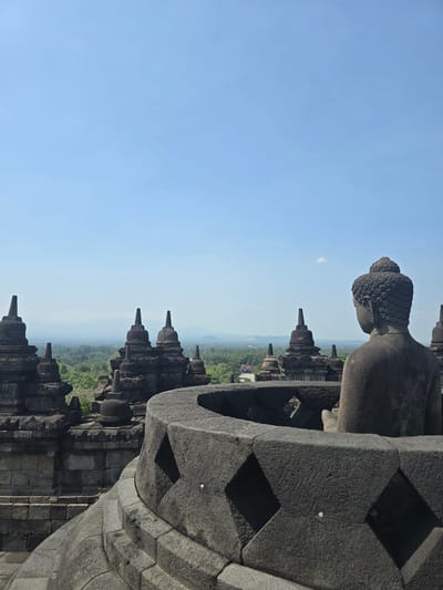 The image captures a view from the Borobudur Temple, located in Desa Borobudur, Indonesia.  The scene features a stone Buddha statue, positioned on the edge of the temple structure, with its back to the viewer. In the background, numerous smaller stupas are visible. Below the stupas, a landscape of greenery extends into the distance, with hazy mountains completing the backdrop. A blue sky fills the upper left portion of the frame.
