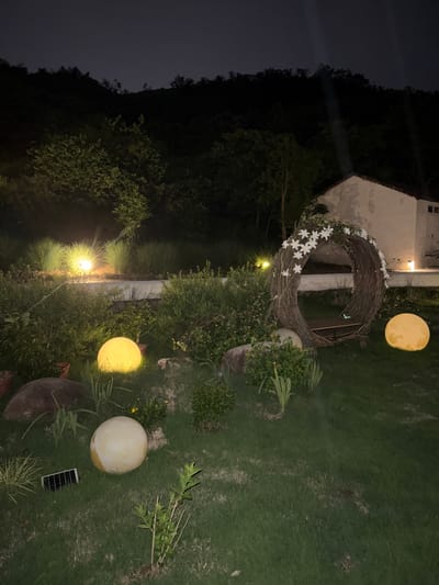 The image depicts an outdoor scene in Jinhua, China at night. A large woven wreath decorated with white flowers is positioned near a building. Several glowing spherical lights are scattered throughout the area, illuminating green grass and plants. A line of vegetation separates the foreground from the background, where trees are visible against a dark sky. A small solar panel is visible on the grass near one of the spherical lights.