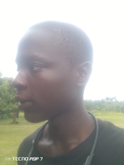 An outdoor, medium close-up, profile shot features a young Black male with a shaved head and dark skin. He is facing left, with his head tilted slightly downwards and to the left. His left eye is visible, looking forward. The background is out of focus, showing a blurry green landscape with trees, indicative of a park or natural area. The lighting is bright, suggesting daylight. The lower right corner of the image displays the text "TECNO POP 7", likely a watermark from the device used to take the photo. The scene appears to be set in Eleweran, Nigeria, given the context provided.