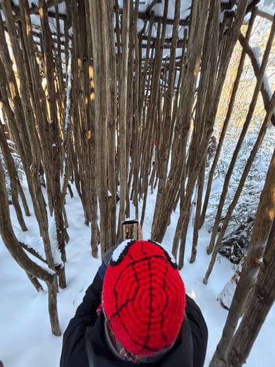 An overhead, rear-perspective image shows a person wearing a red knitted hat, styled as Spider-Man's mask with black web lines and white eye sections, holding a black smartphone vertically with both hands. The phone's screen displays a narrow, vertical view of the immediate environment. The person is clad in a dark jacket and a patterned scarf. They are positioned amidst a dense, irregular arrangement of slender, light brown wooden poles or tree trunks rising from a deep, undisturbed layer of white snow. Snow adheres to several of these vertical elements. Sunlight filters through the gaps in the wooden structure, illuminating sections of the scene and casting shadows. In the background, partially obscured by the wooden poles, two additional figures are visible: one on the right in camouflage or patterned clothing, and another on the left in a lighter-colored jacket. The scene depicts an outdoor, snow-covered landscape, consistent with a winter environment in Kol'tsovo, Russia.