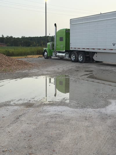 This is a photograph of a green semi-truck with a white trailer parked on a gravel surface. The truck is positioned at an angle, with the front of the truck on the left side of the image and the trailer extending to the right. A large puddle of water is in the foreground, reflecting the truck and a light pole. In the background, there is a field of tall grass and trees. A pile of reddish-brown gravel is on the left side of the image, near the truck. The sky is overcast and appears to be dusk. The location is specified as Cardwell, United States.