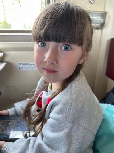 A young girl with light skin, blue eyes, and light brown hair with blunt bangs and braids is centered in the frame. She is wearing a gray hooded sweatshirt. The background includes a window, a wall with some kind of paper label, and a storage container of some type. The location is potentially inside a train car based on the context clues of the storage container and window and wall. The photograph's location is potentially Уральский, Russia.