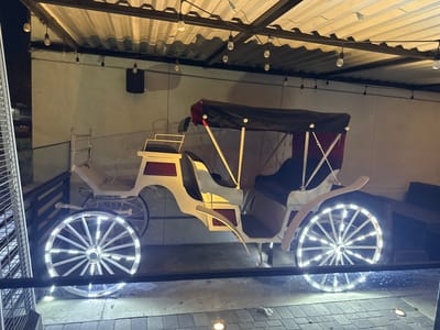 The image shows a white horse-drawn carriage with red accents and a black canopy, decorated with white string lights. The carriage is positioned outdoors under a corrugated metal roof supported by metal beams. String lights are also visible hanging from the roof. The ground is paved with cobblestones. The carriage appears to be stationary. A black speaker is mounted on a white wall in the background. The scene is dimly lit, suggesting it is nighttime. No people are visible in the image. The location is identified as the city of Fontana, United States of America.