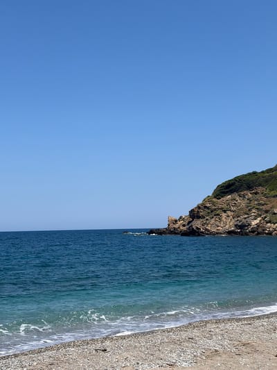 A clear, cloudless blue sky stretches across the top half of the image, meeting the deep blue ocean at the horizon. The sea is calm, with gentle waves lapping at a pebble beach in the foreground. To the right, a rocky, tree-covered hillside slopes down towards the water, forming a natural cove. The scene is bathed in bright sunlight. This is likely a coastal area on the island of Skiathos, Greece, given the characteristic landscape of the Aegean Sea. There are no people or objects other than natural elements in the frame.