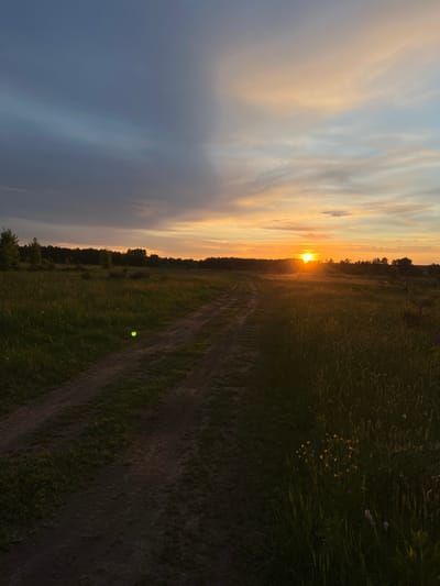 The image shows a landscape with a dirt road running through a field of grass. In the distance, the sun is setting, casting a warm glow over the scene. The sky is filled with clouds, ranging in color from dark blue to orange. Trees are visible along the horizon. A single green dot appears to be present near the bottom center. The scene is located in Новочувашский, Russia.