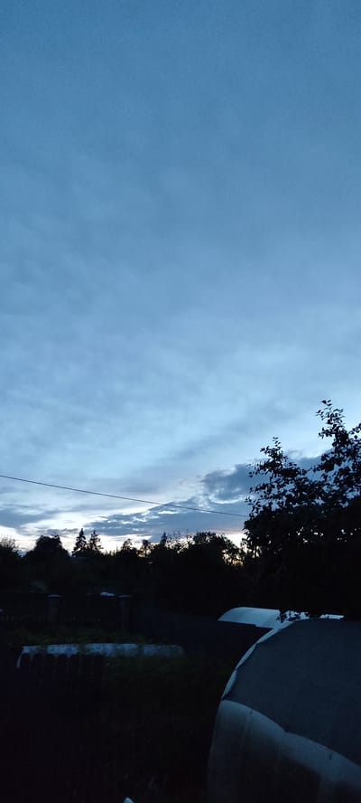 The image depicts a twilight scene with a vast, cloudy blue sky occupying the upper portion. A dark silhouette of trees and foliage lines the horizon, interspersed with what appear to be the tops of structures or possibly utility poles. In the foreground, the dark shapes of what seem to be greenhouse-like structures or covers are visible, one with a curved, reflective surface. The overall impression is one of a rural or semi-rural setting at dusk in the Лёзненскі сельскі Савет region of Belarus.