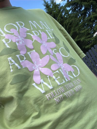 An individual is depicted outdoors in Lebyazh'e, Russia, wearing a light green t-shirt. The t-shirt features a white graphic print displaying the words "NORMAL PEOPLE ARE WEIRD" in large, uppercase, sans-serif font. The design includes four stylized five-petal pink flowers with white centers and several dark green leaf shapes interspersed among the letters. Below the main text, two lines of smaller pink text read "FOLLOW YOUR PLAN" and "NOT YOUR MOOD." The background consists of a clear blue sky in the upper left, dense dark green coniferous trees in the upper right, and a dark grey vertical-slat metal fence along the lower right. The t-shirt fabric displays creases and texture under natural daylight.