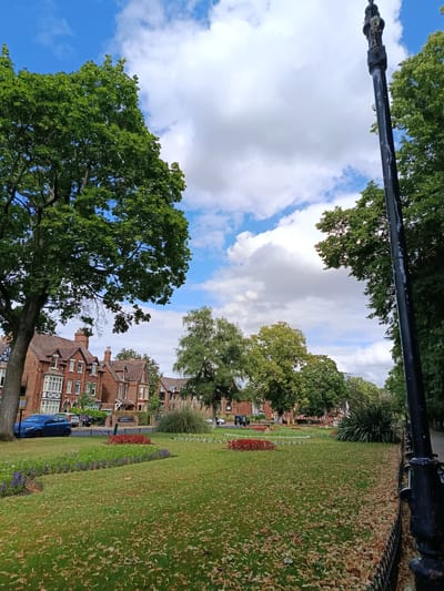 This media file depicts a park scene in Bedford, United Kingdom, on a bright, partly cloudy day. The foreground is dominated by a lush green lawn scattered with fallen leaves, suggesting a transition from summer to autumn or a recent shedding of leaves. Several rows of vibrant red and purple flowers are planted in distinct beds, adding color to the landscape. A large, leafy tree with a thick trunk stands prominently on the left, partially obscuring a row of traditional brick buildings with white trim and bay windows. A blue car is parked on the street in front of these buildings.
In the midground, a variety of trees with green foliage create a natural backdrop. A tall, dark lamppost with multiple lights stands on the right side of the frame, its ornate design suggesting a historical or public space. Beyond the park, more trees line a path, and a black metal fence runs along the edge of the park, separating it from the walkway. The sky is a vivid blue, punctuated by fluffy white clouds. The overall impression is one of a well-maintained, serene urban park, likely during daylight hours given the bright lighting and clear shadows. There is no visible text in the image.