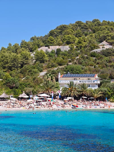 The image depicts a bustling beach scene on a sunny day, likely in the city of Hvar town, Croatia. The foreground is dominated by crystal-clear turquoise water where several people are swimming or wading. The beach itself is pebbled and crowded with sunbathers lounging on chairs and towels under umbrellas. Palm trees and thatched-roof umbrellas provide shade.
In the mid-ground, a white building with a red-tiled roof stands prominently, featuring solar panels on its roof. The building has the word "MUSTACO" written across its facade. Flags are visible, including one with the Croatian red and white checkerboard pattern. People are seen walking on the beach, and some are gathered near the building, suggesting it might be a restaurant or a guesthouse.
The background is a steep, densely vegetated hillside covered in lush green trees, characteristic of the Mediterranean landscape. The sky is a clear, vibrant blue. The overall impression is one of a lively and popular tourist destination during peak season.