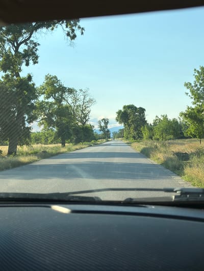 The image shows a view from inside a vehicle traveling on a paved road. The road is lined with green trees and dry grass on both sides. In the distance, there are mountains under a clear blue sky. The sun is casting shadows on the road. The foreground shows the dashboard and windshield wipers of the vehicle. The location is Golyam Chardak, Bulgaria.