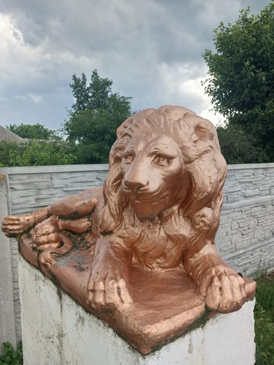The image shows a copper-colored statue of a lion lying down. The statue is placed on a concrete pedestal in front of a concrete fence. The fence has a textured pattern resembling stacked bricks. Behind the fence, there are green trees and a building with a gray roof. The sky above is cloudy with some patches of white. The lion statue appears weathered, with some green moss or algae growing on it, particularly on the base and paws. In the foreground, to the left of the pedestal, a few green plants are visible. To the right of the fence, tall green grass grows. The setting appears to be outdoors, likely in a rural or suburban area. Based on the provided context, this location is identified as Skrebyshi, Ukraine.