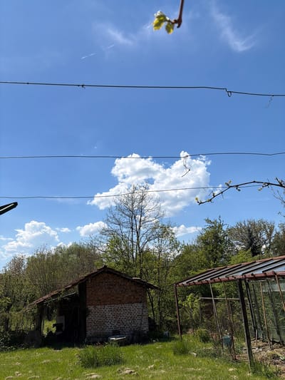 The image shows a scene in Ravnishte, Bulgaria. The view is directed upwards, capturing a blue sky with scattered white clouds. A series of wires run vertically across the frame. A branch with budding leaves is visible in the upper left corner. In the right part of the frame, there's a glimpse of greenery, a brick structure with a dark interior. A greenhouse-like construction appears in the upper right corner, showing rusty or weathered metal parts. The environment is rural and the overall lighting indicates it is daytime. There are no people visible in the image.