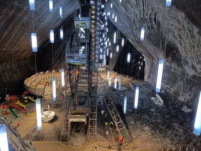 This media file captures an indoor scene within a vast salt mine. The cavernous space, characterized by its rough, textured walls, is illuminated by numerous long, rectangular lights hanging from the ceiling. In the center of the frame, a large, industrial-looking Ferris wheel-like structure stands, with cabins for riders. Adjacent to it is a metal scaffolding structure, possibly part of an amusement ride or an access system.
Below these structures, a children's playground is visible, complete with slides, swings, and a merry-go-round, suggesting a recreational area. A wooden-railed walkway encircles a section of the mine, featuring displays of framed pictures or exhibits. Several people are seen walking around this area and near the rides.
The overall impression is that of a unique tourist attraction carved into a salt mine, offering both entertainment and an exploration of the geological formations. The lighting creates a somewhat artificial, but striking, ambiance, highlighting the scale and texture of the salt mine environment. No specific time of day or weather conditions are discernible as the scene is entirely indoors. The only visible text is a logo that reads "România" accompanied by a green leaf symbol on the side of one of the Ferris wheel cabins.