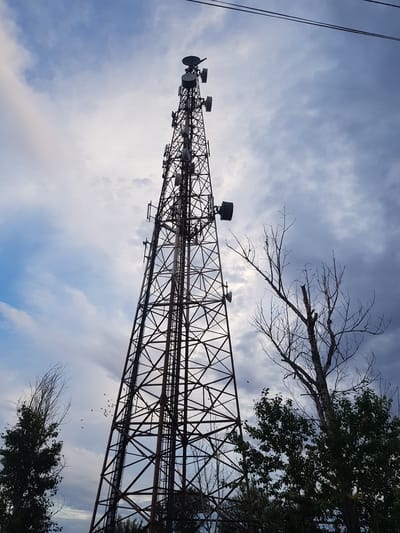 An outdoor, low-angle shot captures a tall, lattice-style telecommunications tower against a cloudy sky. The tower is equipped with numerous antennas, dishes, and other equipment. To the right of the tower, a barren, dead tree with no leaves stands, its branches stark against the sky. To the left and in the foreground, there are trees with dark green foliage. A flock of birds is visible flying in the sky to the left of the tower. Power lines are present at the top of the image. The scene appears to be located in or near Kurchatov, Kazakhstan.