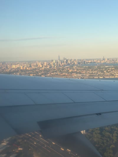 An aerial view captures the expansive cityscape of Newark, New Jersey, United States of America, under a clear, pale blue sky. The foreground is dominated by the wing of an aircraft, its metallic surface reflecting the ambient light and displaying its panel lines and rivets. Below the wing, the dense urban landscape unfolds, characterized by a multitude of buildings of varying heights and architectural styles. The city stretches towards the horizon, where it meets a body of water. In the distance, the distinct skyline of Manhattan is visible, its skyscrapers piercing the sky. The overall impression is one of urban sprawl viewed from a high vantage point, with the aircraft wing serving as a framing element.