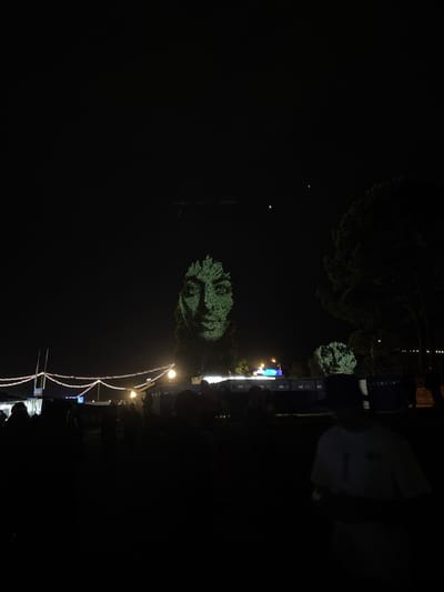 At night, a dark scene is illuminated by streetlights and decorative string lights. A crowd gathers near portable toilet units marked "WC." A tree's foliage is shaped to resemble a human face, creating a whimsical effect. A second tree is also visible but less defined. The sky is dark, with a faint light source visible far above.