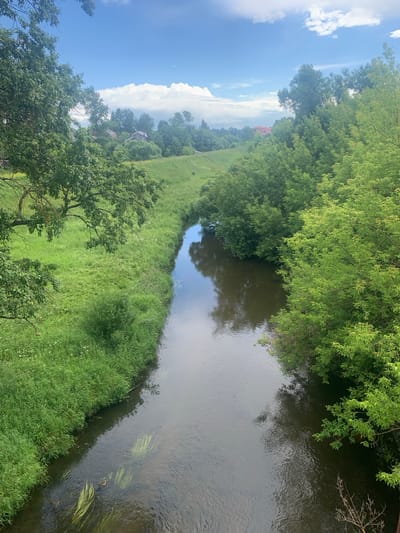 The image depicts a serene natural landscape with a winding river flowing through lush green vegetation. The river, with its calm, reflective surface, is bordered by dense trees and tall grass on both sides. In the background, scattered houses and more trees suggest a rural or semi-rural setting. The sky above is a mixture of blue with fluffy white clouds. There are no people or animals visible in the image. The overall impression is one of a peaceful, undeveloped area. The scene is consistent with the countryside surrounding Kokhma, Russia, known for its river valleys and verdant landscapes.