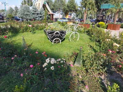 The image depicts a well-maintained garden area within a park or recreational facility. The foreground is dominated by lush green grass and a variety of rose bushes in bloom, showcasing pink, white, and red flowers. A prominent decorative element in the center is a black, ornate planter shaped like a carriage, adorned with white scrollwork. To its right, a white wrought-iron bicycle sculpture, also featuring scrollwork, stands as a decorative piece.
In the background, several tall evergreen trees, likely fir or spruce, are visible, interspersed with palm trees. Behind the trees, a building with an archway and a pointed roof can be seen, suggesting it's part of a larger structure, possibly an entrance or pavilion. Cars are parked in the distance, indicating public access to the area. Wooden planters are also scattered throughout the scene, adding to the landscaping. The overall impression is one of a pleasant outdoor setting, likely in a city, designed for relaxation and visual appeal. Based on the location specified, this scene is situated in Kenbulun, Kyrgyzstan.