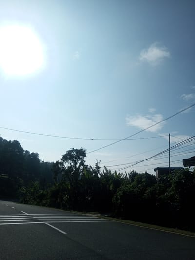 The image shows a road in Phouviang-Gnai, Laos. The road is asphalt and has white lines painted on it. There is vegetation along the side of the road and power lines overhead. The sky is blue with a few clouds and a bright sun. No people are visible. A building is partially visible amidst the vegetation on the right side of the image.