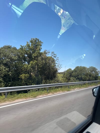 This image depicts a view from inside a vehicle traveling along a road. The road surface is asphalt with a white line marking the lane. To the left of the road, there is a metal guardrail, behind which is a grassy embankment dotted with yellow wildflowers and a dense line of trees. The trees are lush and green, with varying heights and textures, suggesting a summer day. Beyond the trees, the sky is a clear, bright blue. In the upper portion of the image, reflections are visible on the car window, including what appear to be parts of the car's interior and possibly other vehicles or buildings in the distance. No people are visible in the image. The scene appears to be a rural or semi-rural area, consistent with the location of Samsonovka, Latvia.