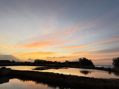 The image depicts a serene sunset over aquaculture ponds in the village of Mesjid Ulim Baroh, Indonesia. The sky is a canvas of soft hues, transitioning from a pale blue at the top to warm oranges and pinks near the horizon, with wispy clouds scattered throughout. The calm waters of the ponds reflect the colorful sky, creating a mirror-like effect. The foreground is dominated by the dark silhouettes of the pond embankments and vegetation, adding depth to the scene. In the distance, a line of trees separates the ponds from what appears to be the ocean, with a hint of waves visible on the right side of the frame. The overall impression is one of tranquility and natural beauty.