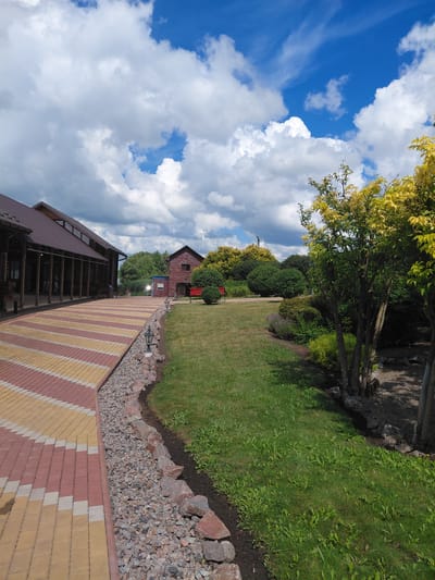 The image depicts a view of the resort complex "Knyazhyi Dvir" in Kovalivka, Ukraine, on a sunny day with scattered clouds. In the foreground on the left, a paved walkway made of red and yellow rectangular tiles runs diagonally towards the background. The walkway is bordered by a strip of grey gravel and large reddish-brown stones. Beyond the gravel border, a well-maintained green lawn stretches into the middle ground, with a small garden bed featuring lavender and other low-lying plants.

To the left of the lawn is a long, wooden building with a dark brown roof, featuring a covered porch supported by thick wooden columns. A person is visible near the building in the middle ground, seemingly tending to something on the ground.

In the middle ground, to the right of the lawn, stands a small, dark red wooden building with a darker roof. Adjacent to this building are two bright red benches. Further back, a variety of green bushes and trees are visible, including a tree with bright yellow foliage in the upper right portion of the image. The sky above is a vibrant blue with numerous white, fluffy cumulus clouds. The overall scene conveys a sense of a well-kept outdoor recreational or hospitality area.