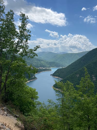 The image shows a panoramic view of the Piva Lake, taken from a high vantage point in Plužine, Montenegro. The lake is surrounded by steep, green mountains. The sky is blue with white clouds. Trees are visible in the foreground. The composition suggests a natural landscape setting.