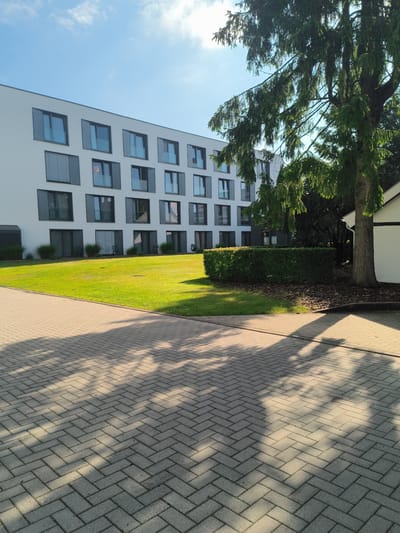 The scene captures a four-story, white building with gray window frames in Bad Bentheim, Germany, on a sunny day. The building's facade features numerous windows, some with partially closed blinds. In front of the building is a well-maintained lawn, bordered by a neatly trimmed hedge. To the right, a large evergreen tree casts dappled shadows on a paved walkway with a herringbone pattern. Part of a white building or structure is visible near the tree. The sky is clear and blue, with the sun positioned high in the frame. No people are visible.