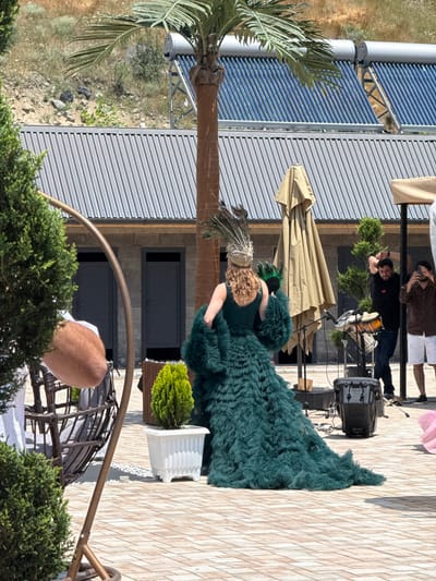 The image depicts an outdoor scene in Ptghni, Armenia, under bright daylight. The foreground features lush green bushes and a portion of a woven armchair, suggesting a relaxed, possibly private, setting like a garden or patio. Dominating the midground is a person dressed in an elaborate, voluminous emerald green gown with a textured, ruffled design. They are also wearing an ornate headpiece adorned with feathers, reminiscent of a peacock's plumage. This individual appears to be the focal point of a performance or a staged event, possibly a costume party or a theatrical production.
Behind the costumed person, a stage setup is visible. A drummer is positioned behind a drum kit, facing away from the viewer, with drumsticks in hand, suggesting music is being played. A microphone is set up in front of the drum kit. Other individuals are present in the background, including one person in a dark shirt and another in a lighter colored shirt, possibly part of the event crew or audience. A large, tan umbrella is partially unfurled, offering shade.
The background includes architectural elements, such as a building with corrugated metal siding and a row of solar water heaters on the left. The ground is paved with light-colored tiles. The overall impression is of an outdoor gathering or performance taking place during the day, with a blend of natural elements and man-made structures. The elaborate costume of the central figure suggests a celebratory or artistic event.