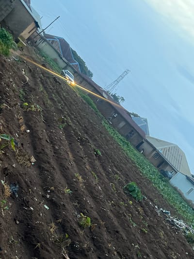 The image depicts a tilted outdoor scene in Haifam, Nigeria, dominated by a steep, dark brown agricultural field that fills most of the frame. The field is tilled, with visible rows, and small green plants are sparsely scattered throughout. Debris, including plastic bags and other refuse, is present in the foreground and mid-ground of the field, particularly in the lower right quadrant.
In the background, lining the top and right side of the field, are several buildings. The closest building appears to be constructed with concrete walls and a dark-colored roof, possibly corrugated metal. Adjacent to it are other structures with similar roofing materials, some appearing to be multi-story. One building has a distinctly blue-tiled, angled roof.
A silver car is visible on a paved area beyond the field and between the buildings, its headlights illuminated, casting a bright yellow glow on the ground. Further in the distance, a large metal electricity pylon stands against a pale blue sky with scattered clouds. The overall impression is of a semi-rural or peri-urban area with agricultural activity existing alongside residential or commercial structures.