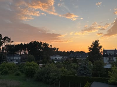 This is a horizontal, eye-level, medium shot photograph capturing a sunset over a residential area in Marki, Poland. The sky dominates the upper half of the frame, transitioning from a pale blue at the zenith to a vibrant orange and yellow near the horizon. Wispy clouds, tinged with pink and orange, are scattered across the sky.
In the middle ground, a line of trees with dark foliage forms a dense backdrop against the colorful sky. Behind the trees, several modern residential buildings with dark-pitched roofs are visible. These buildings appear to be multi-story structures, some with multiple windows and balconies.
The foreground is filled with lush green vegetation, including various shrubs and trees, with some areas of grass. A dark fence line runs across the lower part of the image. The overall scene depicts a peaceful evening in a suburban or semi-rural environment. There are no people visible in the image.