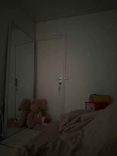 The scene depicts an interior room, likely a bedroom, in Limeil-Brévannes, France, under dim lighting conditions. A white-framed full-length mirror stands on the left, reflecting a portion of the room. To the right of the mirror, a white door is visible, equipped with a metallic handle from which a set of keys hangs. In the foreground, a bed occupies the lower right section, covered with light-toned, rumpled bedding. Seated on the floor or the bed's edge, positioned in front of the mirror, is a large light-brown teddy bear with a white bow tie, holding a smaller white teddy bear with a red detail. The mirror reflects the back of this large teddy bear and the smaller bear it holds. To the right of the door and above the bed, a stack of three shopping bags is present: a yellow bag on top, a pink bag with "VS" branding below it, and a red bag at the bottom. No individuals are present in the image.