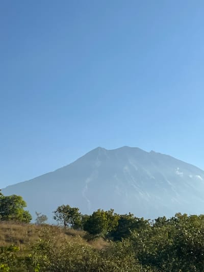 The image displays a vast, clear blue sky dominating the upper portion of the frame. Below the sky, a hazy, light blue mountain peak rises majestically. The mountain appears to be a volcano, with its summit shrouded in a light mist or clouds. The lower part of the image showcases a landscape with rolling hills covered in dry, golden grass and various types of green trees and bushes. Some of the trees have full, lush canopies, while others appear more sparse. The overall scene suggests a natural, outdoor environment, possibly in a rural or undeveloped area, consistent with the natural beauty of Kubu, Indonesia, known for its volcanic landscapes. There are no people or man-made structures visible in the image.