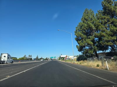 The image depicts a highway scene in West Sacramento, California, under a clear blue sky. The perspective is from the driver's seat of a vehicle traveling on the highway.
In the foreground, the asphalt road with visible white lane markings dominates the lower half of the image. To the left, a white semi-truck is parked or stopped on the shoulder. Further ahead on the highway, several other vehicles, including cars and possibly another truck, are visible. Orange traffic cones are placed along the side of the road, suggesting possible construction or maintenance.
The right side of the image features a grassy embankment with dry, tall grass and some purple wildflowers. A chain-link fence runs along the embankment, behind which is a building and more trees. Large pine trees with dense green foliage are prominent on the right side, partially obscuring the sky.
Overhead, a street lamp with a curved arm extends into the sky. In the distance, highway signs are visible, indicating exits and destinations. One sign, partially obscured by trees and possibly distance, appears to be for "San Francisco" and another for "Davis." A large billboard advertising "GOLD ACCOUNT" is also visible further down the road.
The overall environment suggests a typical sunny day on a suburban or exurban highway. There are no discernible people within the frame of the image.