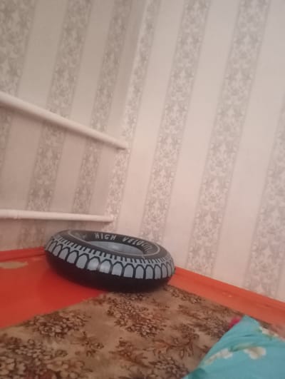 A partially inflated, black and blue inflatable ring with the words "HIGH VELOCITY" printed on it rests on an orange surface. Behind the ring, a patterned carpet is visible, and to the right of the ring, a light blue pillow with a floral pattern is partially in view. The background consists of a wall with striped wallpaper featuring a repeating floral motif. Two white pipes, likely radiators or conduits, are mounted horizontally on the wall. The scene appears to be indoors, possibly a living space in Arys, Kazakhstan. There are no people or animals present in the image.