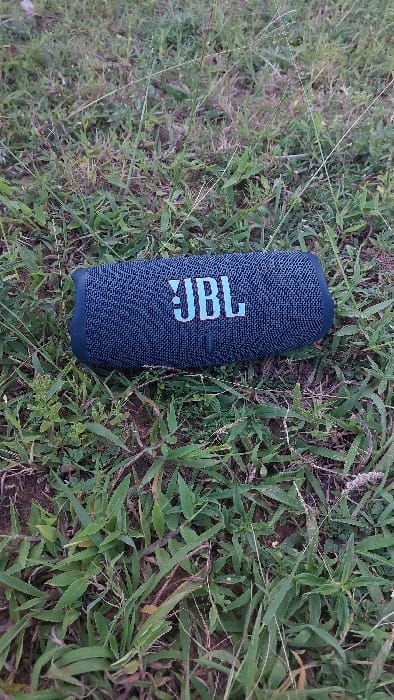 A dark blue JBL portable Bluetooth speaker, featuring a textured fabric casing and a prominent light blue JBL logo, rests horizontally on a patch of ground in Mtongwe ward, Kenya. The ground is covered with green grass of varying lengths, interspersed with visible areas of dark brown soil and thin, dry grass stalks. No individuals or active interactions are present in the scene.