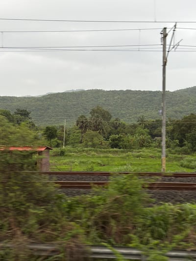 The image depicts a rural landscape in Saphale, India, characterized by lush greenery and overcast skies. In the foreground, a blurred view of a railway track runs horizontally across the frame. To the left of the tracks, a small structure with a red roof is partially visible, appearing somewhat weathered.
Beyond the railway, a vibrant green field stretches out, dotted with various trees and vegetation. The middle ground is dominated by a dense forest that climbs up the gentle slopes of a large, verdant hill. The hill appears to be covered in thick foliage, suggesting a natural, undeveloped environment.
A prominent utility pole, likely for electrical or telecommunication lines, stands tall in the middle-right of the frame, its dark structure contrasting with the surrounding greenery. The sky is a uniform grey, indicating a cloudy or potentially rainy day. The overall impression is one of a tranquil, natural setting, possibly viewed from a moving vehicle due to the motion blur in the foreground.