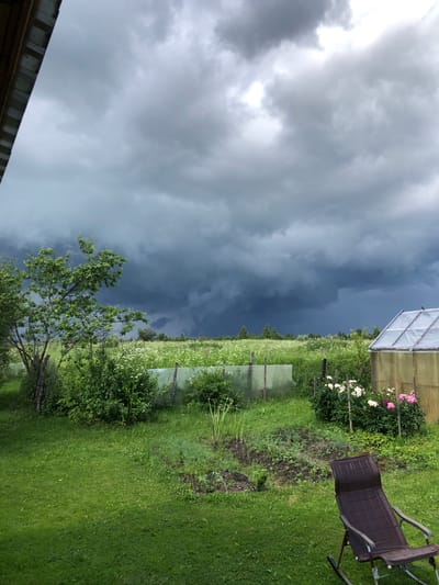 This is a photograph taken in Fedino, Russia, under a stormy sky. In the foreground, a dark brown rocking chair sits on a lush green lawn. To the right, a small greenhouse with a translucent roof and walls stands beside a patch of blooming pink and white peonies. Beyond the lawn, a field of wildflowers stretches towards a dark, ominous cloud bank that dominates the sky. A small, leafy tree is visible to the left, in front of a line of bushes and a pale green fence. The overall scene suggests an impending storm in a rural setting.