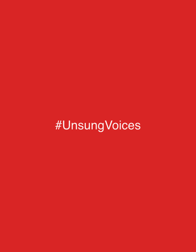 The image displays a solid, uniform red background. Centered on this red field is the white text "#UnsungVoices". There are no discernible people, objects, actions, interactions, or additional environmental details within the visual frame. The scene is located in the city of Bnei Dror, Israel.