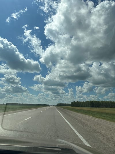 This is a vertically oriented, low-angle, eye-level shot from inside a vehicle, looking out at a highway. The scene depicts a rural landscape in Қызылжар ауылдық округі, Kazakhstan.
The primary subjects are the open road and the sky. The asphalt road stretches into the distance, marked by a white line that guides the eye. To the left of the road is a grassy field, bordered by a dense line of dark green trees. The sky is filled with dramatic, fluffy white clouds against a bright blue background. Some of the clouds are large and voluminous, while others are smaller and wispy.
The activity taking place is travel, as suggested by the perspective from within a vehicle and the road leading forward. The time of day appears to be daytime, likely late morning or early afternoon, given the bright sunlight and the clarity of the sky. The weather seems pleasant, with a mix of sun and clouds, suggesting a clear but not entirely cloudless day. There are no visible people in the immediate foreground, but a few distant vehicles can be seen on the road. The overall mood conveyed is one of open space and forward movement, possibly evoking a sense of freedom or journey. There is no visible text in the image.